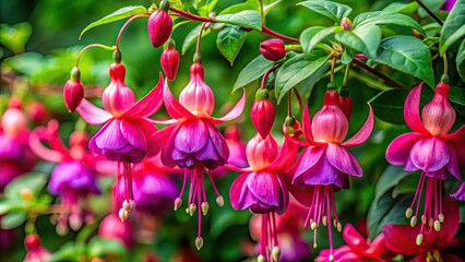 Fuchsia flowers burst into bloom, surrounded by lush green leaves, creating a stunning display in a natural garden setting that radiates life and beauty.