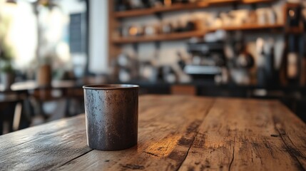 A Single Metal Cup on a Rustic Wooden Table in a Cafe