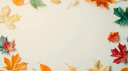 Colorful autumn leaves forming a border on a light background.