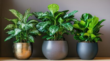 Obraz premium A trio of potted plants in bold, eye-catching containers, each plant offering a different shape and texture of green foliage.