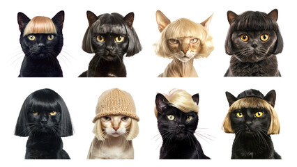 PNG cats with wigs element set, transparent background