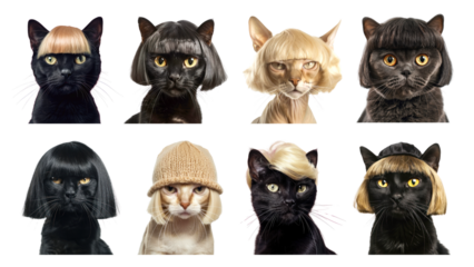 PNG cats with wigs element set, transparent background