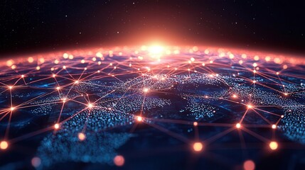 Obraz premium A satellite view of Earth at night with cities illuminated and connected by glowing business lines symbolizing the 247 nature of global trade