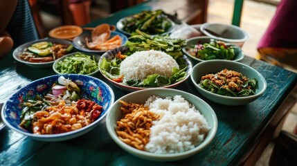 A colorful Thai meal set on a table, featuring rice, various side dishes, and multiple bowls of inviting diners to enjoy a delightful and flavorful experience.