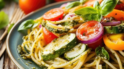 A colorful vegetarian spaghetti dish with an array of seasonal vegetables, drizzled with pesto sauce, highlighting healthy eating and the joy of fresh ingredients.