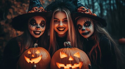 Fototapeta premium Halloween Celebrations with Witches and Pumpkins in an Autumn Forest Setting