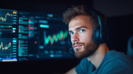 man with a headset looking at stock market charts on a computer screen in a dark office