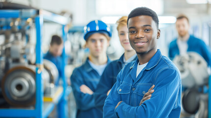 Fototapeta premium A diverse group of apprentices, all around 20 years old, smile at the camera in blue work clothes, with a blurred German factory background.