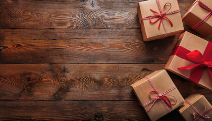 A lot of boxes around. boxing day concept. wooden background. Copy space. Top view.