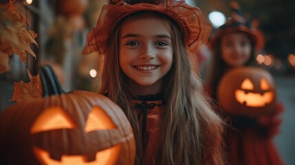 Fototapeta premium Halloween Celebrations with Witches and Pumpkins in an Autumn Forest Setting