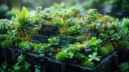 Lush green plants growing on a server rack, symbolizing the concept of sustainable technology or the greening of data centers.