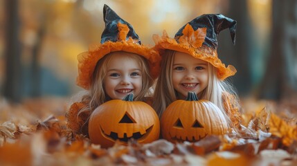 Fototapeta premium Halloween Celebrations with Witches and Pumpkins in an Autumn Forest Setting