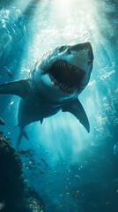 Fototapeta premium a powerful megalodon shark swimming in the deep blue ocean, surrounded by an array of fish and sea creatures under sunlight