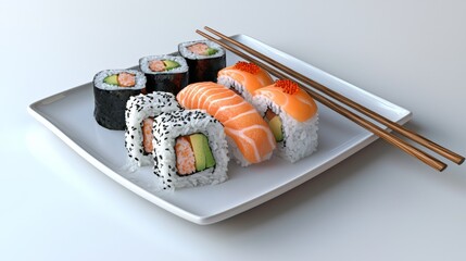 Appetizing sushi rolls arranged on traditional plate. Japanese seafood rice with fish