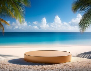 Obraz premium Circular podium on a tropical beach, ideal for showcasing products in a summery setting.