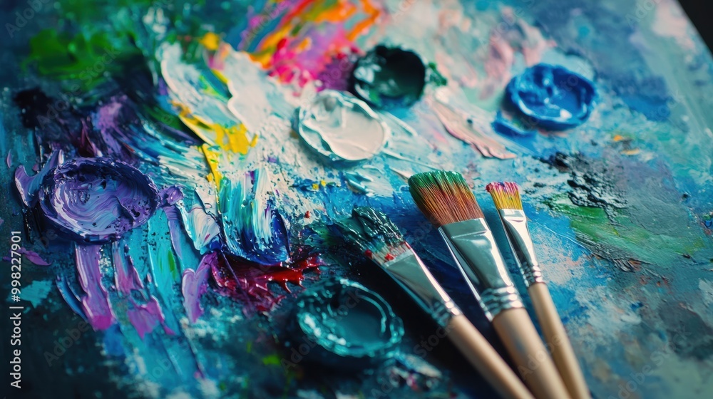 Aufkleber bright hues from a paint palette blend with artistic brushstrokes on a canvas, highlighting creativi