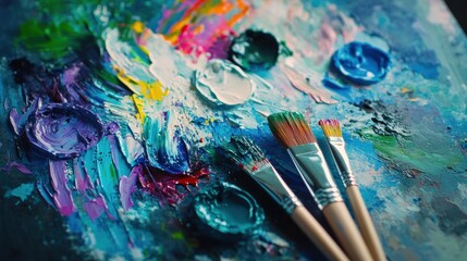Fototapeta premium Bright hues from a paint palette blend with artistic brushstrokes on a canvas, highlighting creativity in an artist's workspace. Generative AI