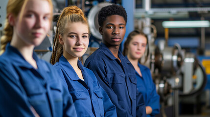Fototapeta premium A diverse group of apprentices, all around 20 years old, smile at the camera in blue work clothes, with a blurred German factory background.
