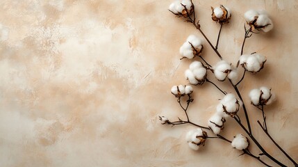 Delicate dried cotton sprig with soft, fluffy blooms adorns a beige canvas, offering ample space for your message in a serene setting.