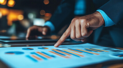 Fototapeta premium A business professional analyzes data charts, pointing at a report, showcasing insights and strategic planning in a modern setting.