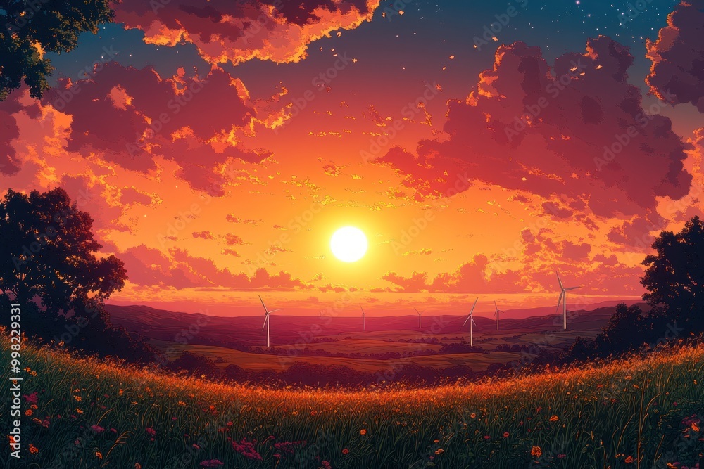 Canvas Prints A vibrant sunset over a field of flowers with wind turbines in the distance, creating a beautiful scene of nature and renewable energy.