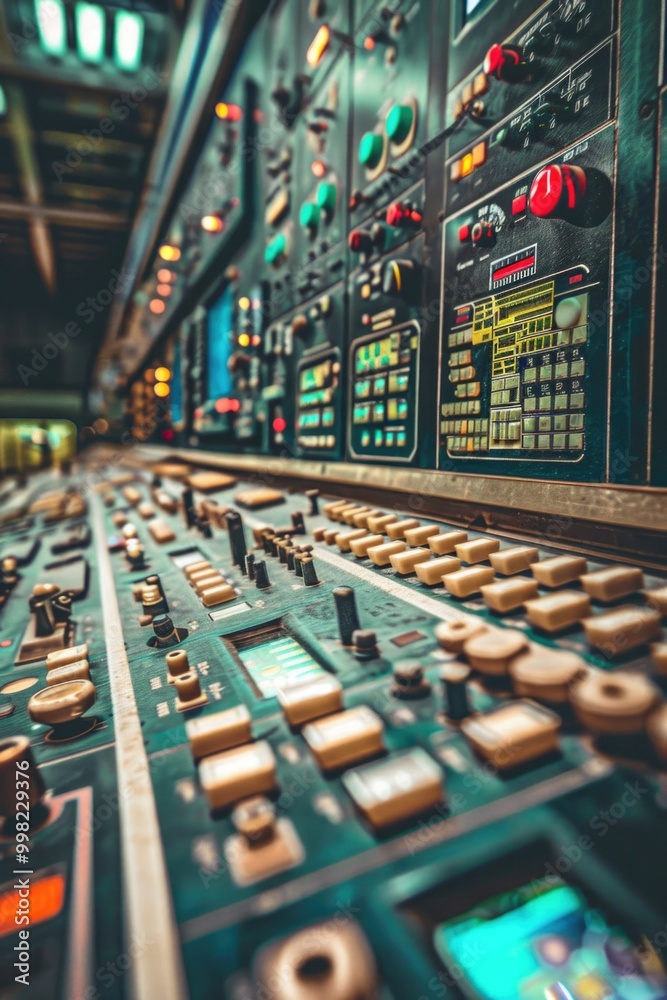 Poster A control panel with various buttons and switches