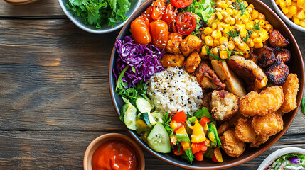 A vibrant, colorful bowl of mixed vegetables, rice, and crispy fried items, presented on a rustic wooden table.