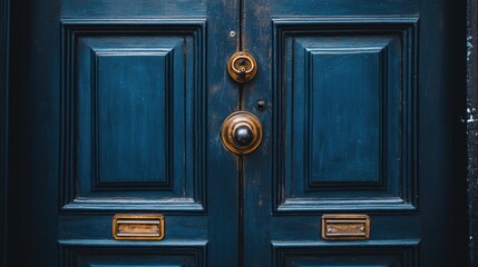 Close up of a blue wooden door with brass hardware