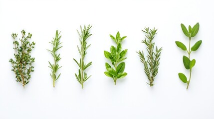 Fototapeta premium Six Sprigs of Fresh Herbs Arranged in a Row on White Background