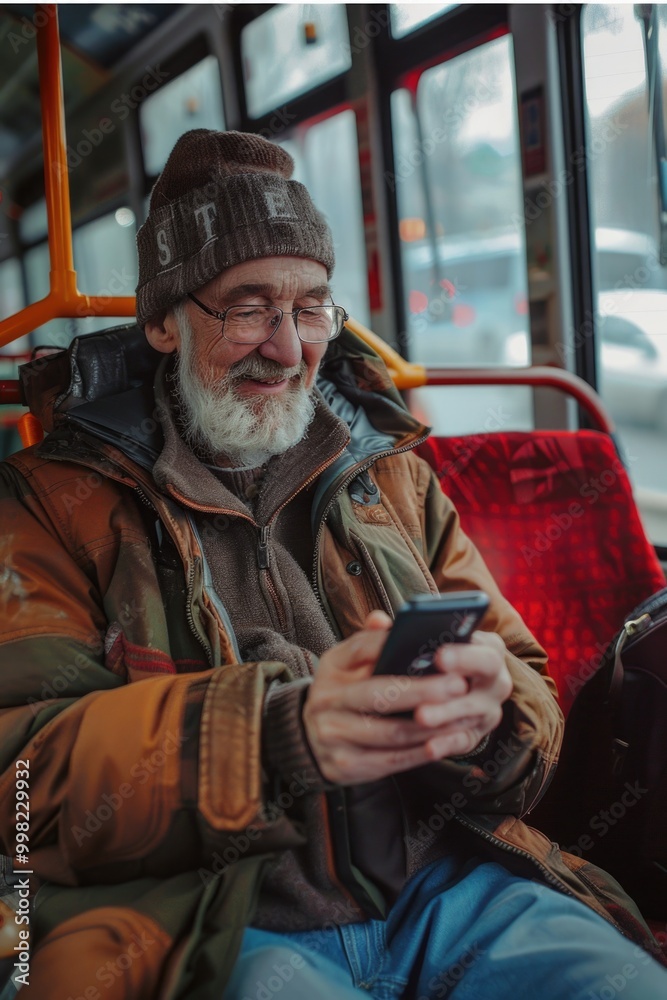 Poster A commuter sits on a bus staring at his mobile device, possibly checking messages or browsing the internet