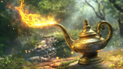 Golden magic lamp, fairy tale concept. © vlntn