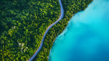 Winding road hugging the edge of a turquoise lake and green forest, offering a serene scenic view