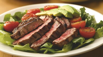 A delicious steak salad featuring slices of grilled steak atop mixed greens, cherry tomatoes, and avocado, drizzled with a tangy dressing for a healthy meal option.