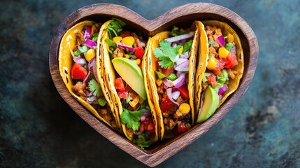 Fototapeta premium Juicy tacos neatly arranged in a heart-shaped container, celebrating the flavors of Mexican cuisine, presented in a colorful, appetizing way. -