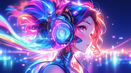 Vibrant-haired girl enjoying music, illuminated by neon lights in a sci-fi setting.