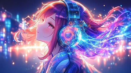 Neon-lit anime girl with glowing hair and gears intertwined in her attire.