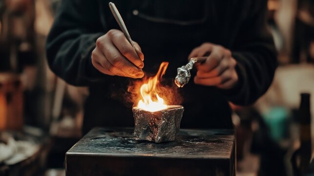 A silversmith is melting metal to create jewelry.
