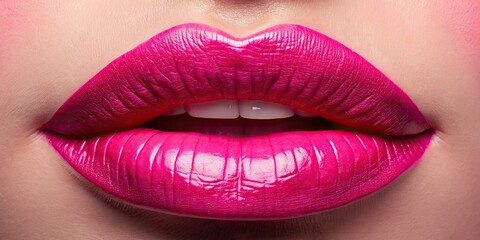 A striking close-up of luscious pink lips on a gentle pink background, ideal for beauty and makeup concepts that embody charm, femininity, and stylish creativity.