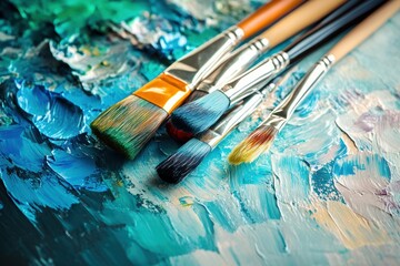 Fototapeta premium Bright splashes of color from paint strokes mix with brushes on a canvas, showcasing artistic expression in a lively environment. Generative AI
