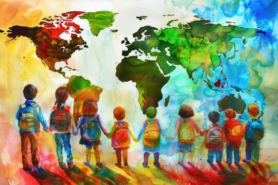 Group of kids gathered around a large world map, exploring geography and culture