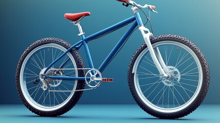 Fototapeta premium Stylish blue mountain bike with red saddle, perfect for outdoor adventures and cycling enthusiasts. High performance and sleek design.