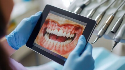 A dentist showing before-and-after photos of dental treatments on a tablet, educating patients about options for improving their smiles in a friendly manner.