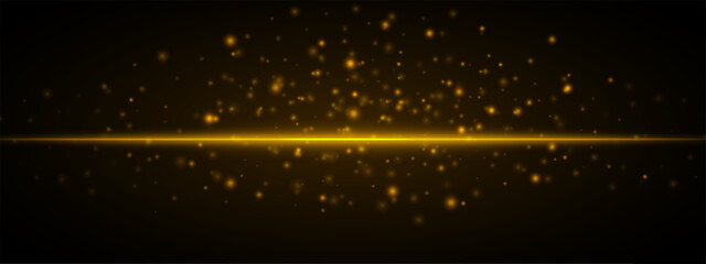 Obraz premium Horizontal yellow light effect isolated on dark background. Neon stripe with bright glowing lines and sparkling particles. Abstract rays. Vector illustration.