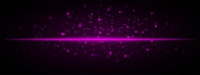 Obraz premium Horizontal purple light effect isolated on dark background. Neon stripe with bright glowing lines and sparkling particles. Abstract rays. Vector illustration.