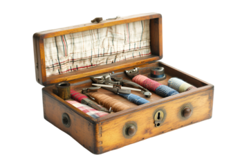 a wooden box with sewing tools

