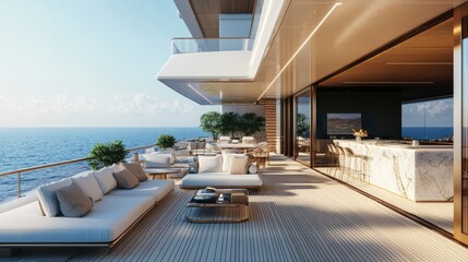 Fototapeta premium The main deck of a luxurious yacht with sleek outdoor furniture, a sparkling swimming pool, and a marble bar, designed with minimal elegance and clean lines.