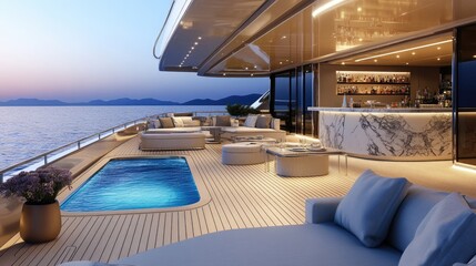 Obraz premium The main deck of a luxurious yacht with sleek outdoor furniture, a sparkling swimming pool, and a marble bar, designed with minimal elegance and clean lines.