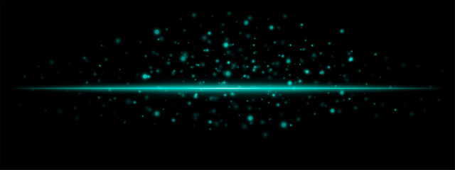 Obraz premium Horizontal green light effect isolated on dark background. Neon stripe with bright glowing lines and sparkling particles. Abstract rays. Vector illustration.