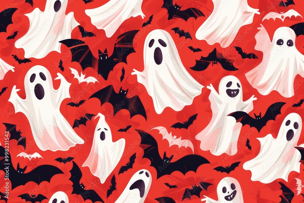 Poster group of ghostly figures and flying bats on a bright red background