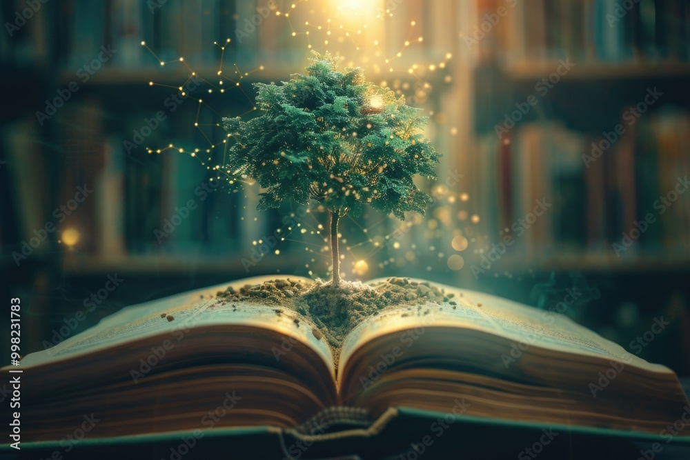 Poster A person sitting at a desk with an open book and a tree growing out of the pages